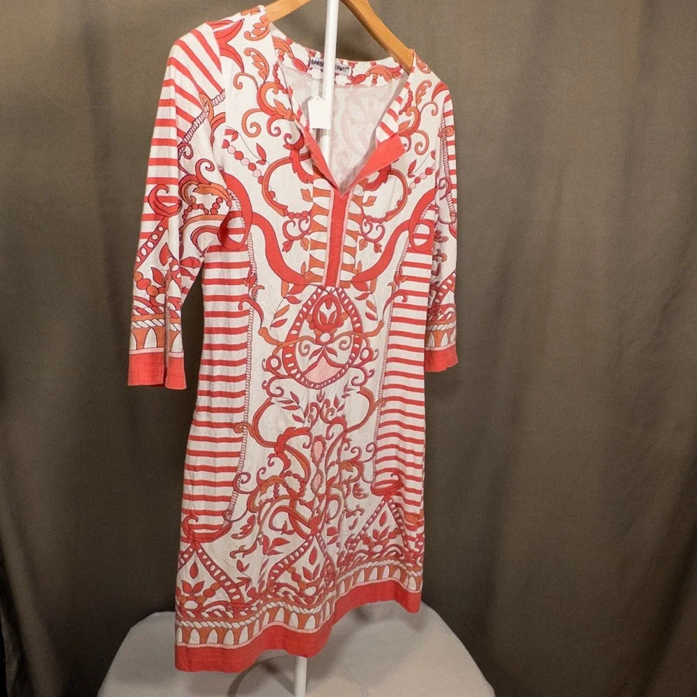 Barbara Gerwit 3/4 Sleeve Dress Size Small Orange White Scroll Print